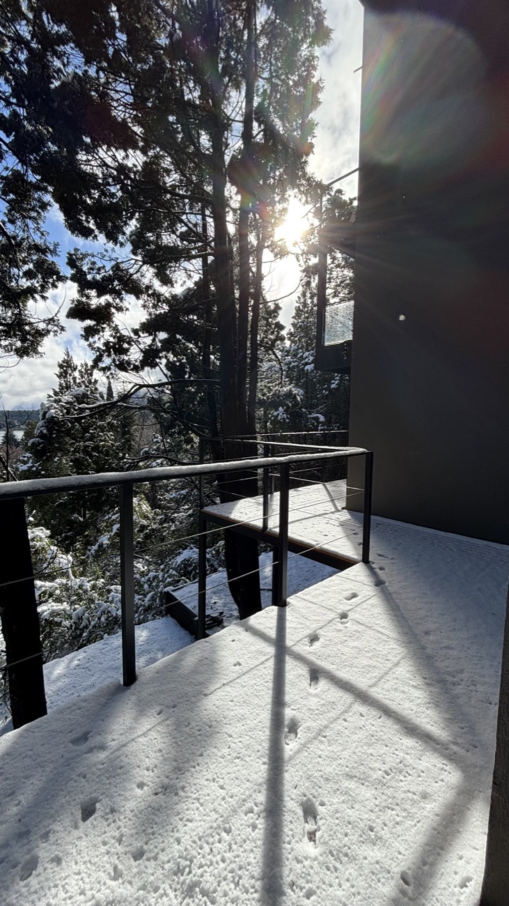 Balcón nevado con sol filtrándose entre los árboles