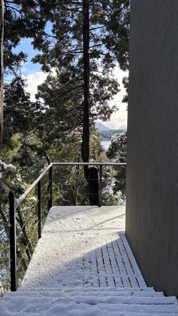 Deck nevado con vista al lago entre los árboles