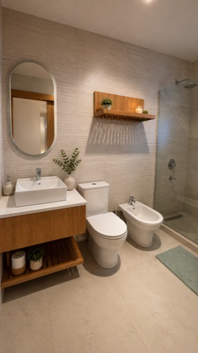 Baño secundario con tocador y espejo ovalado