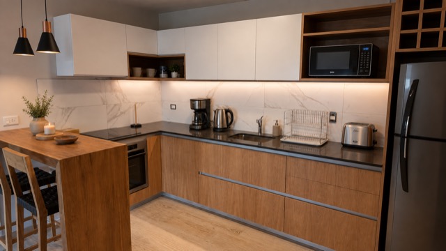 Cocina completa con mesada de mármol y equipamiento premium