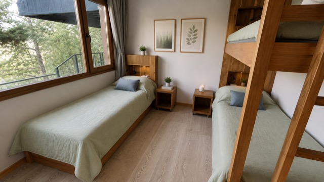Dormitorio con cama individual y cuchetas