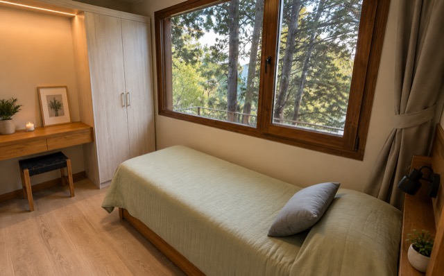 Dormitorio individual con vista al bosque