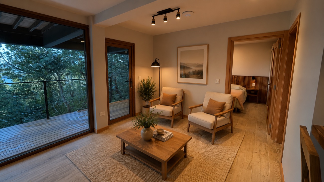 Sala de estar con sillones y acceso al dormitorio principal