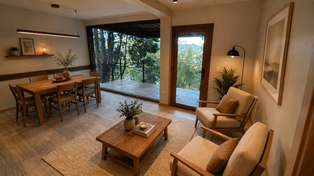 Living comedor con vista al bosque y balcón privado